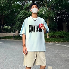 抖音得物品质二开240克宽松纯棉美式潮牌印花三条杠中性风短袖T恤，男装T恤，电商A486-1