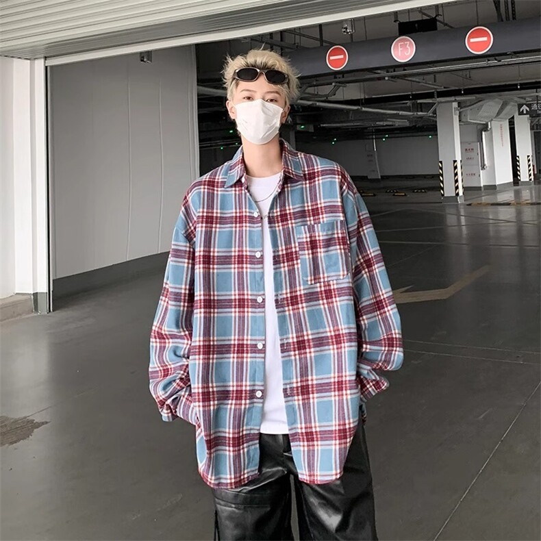 春季大码300斤潮牌格子长袖衬衫男士覆古休闲拼色宽松衬衣薄外套图片