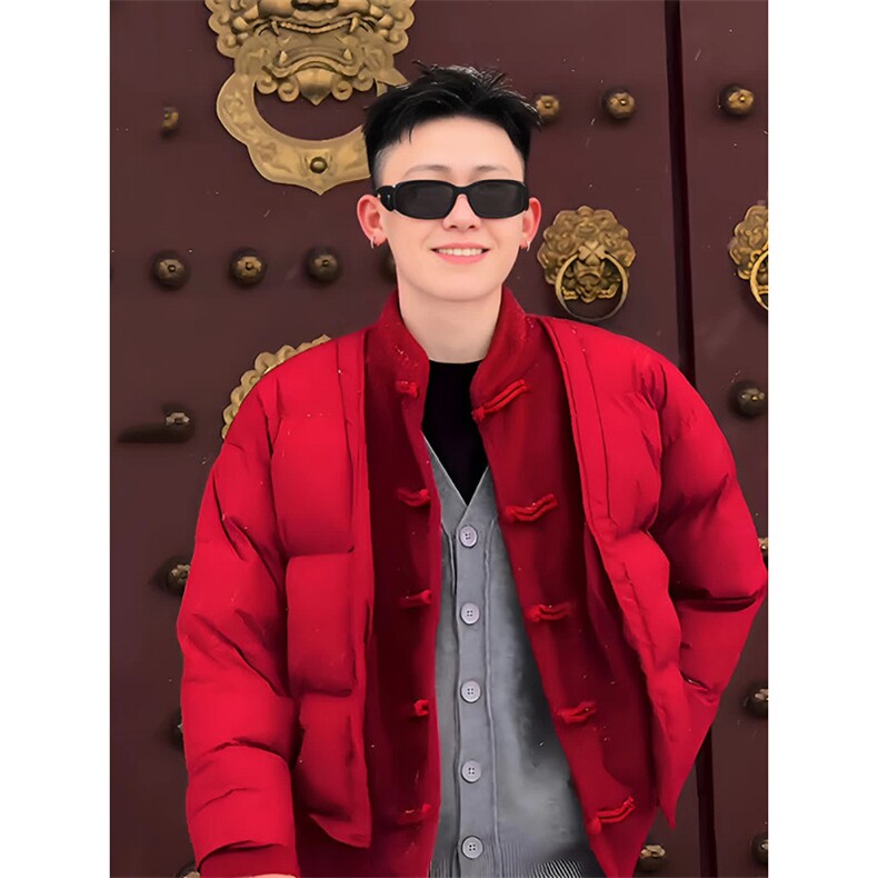 中式唐装男款冬季加厚风汉服青红色立领休闲外套A33-P158，男装民族服装，星座816A（原B366）