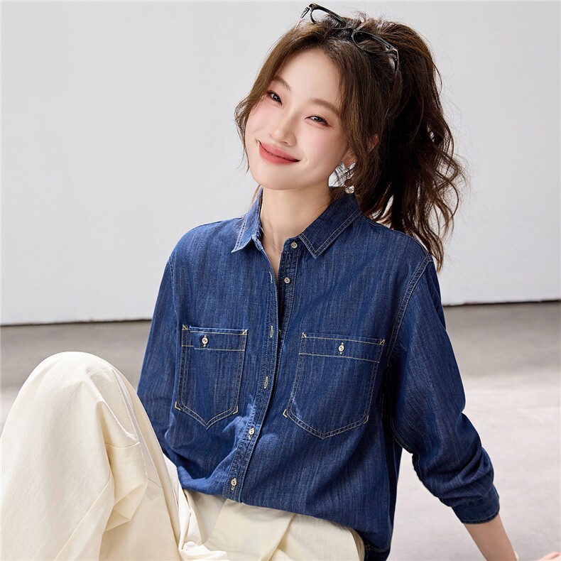 2026早春新款复古蓝牛仔衬衫女宽松显瘦双口袋衬衣百搭叠穿韩系,女装衬衫,艾米