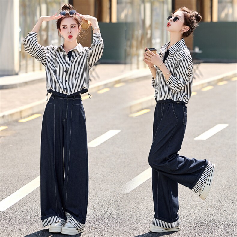 条纹衬衫牛仔阔腿裤套装女2025春秋新款韩版休闲减龄设计感两件套，女装套装/套裙，木子恋