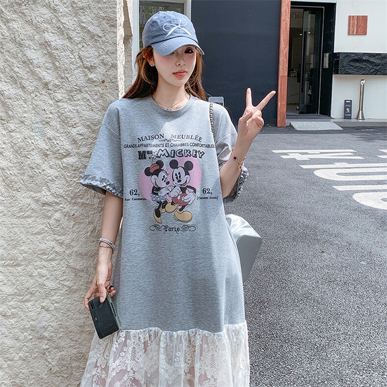 蕾丝拼接灰色T恤连衣裙女夏2025新款休闲气质巨好看长裙今年流行,女装连衣裙,浙宝305