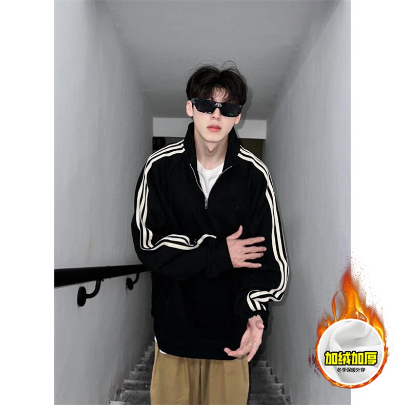 480G重磅加绒硬挺boxy男女秋冬美式高街结构宽松织带立领卫衣外套，女装短外套，电商A486-1