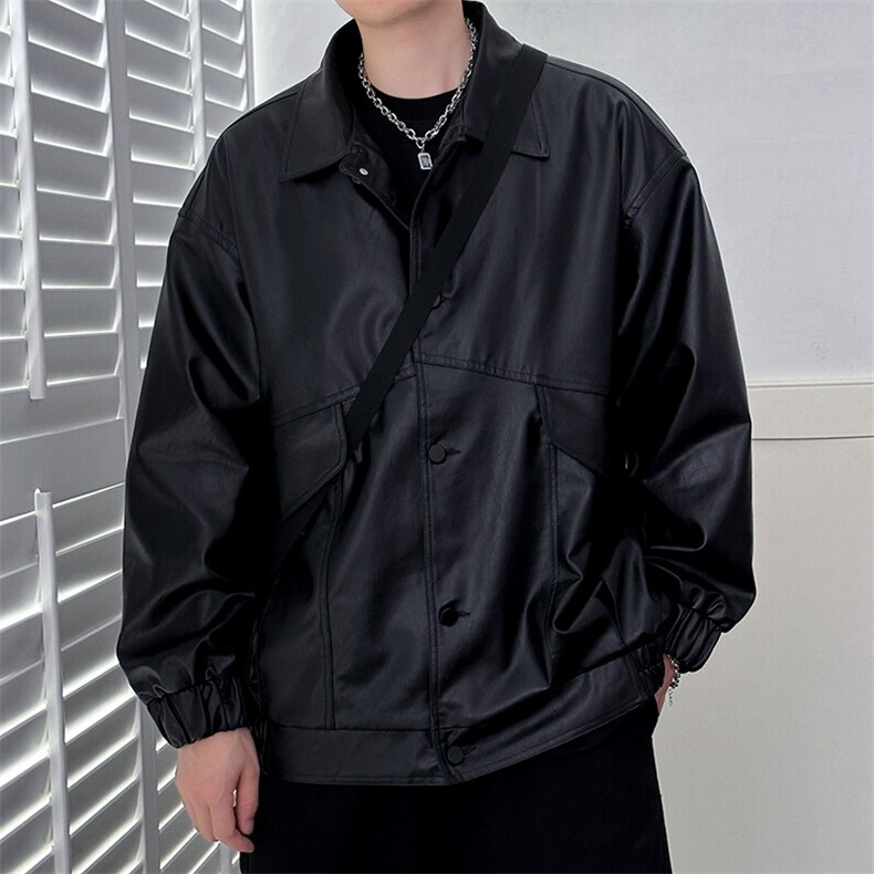现货-秋季皮衣外套男宽松休闲PU机车皮夹克潮流A584-P90加绒100,男装夹克,电商A351