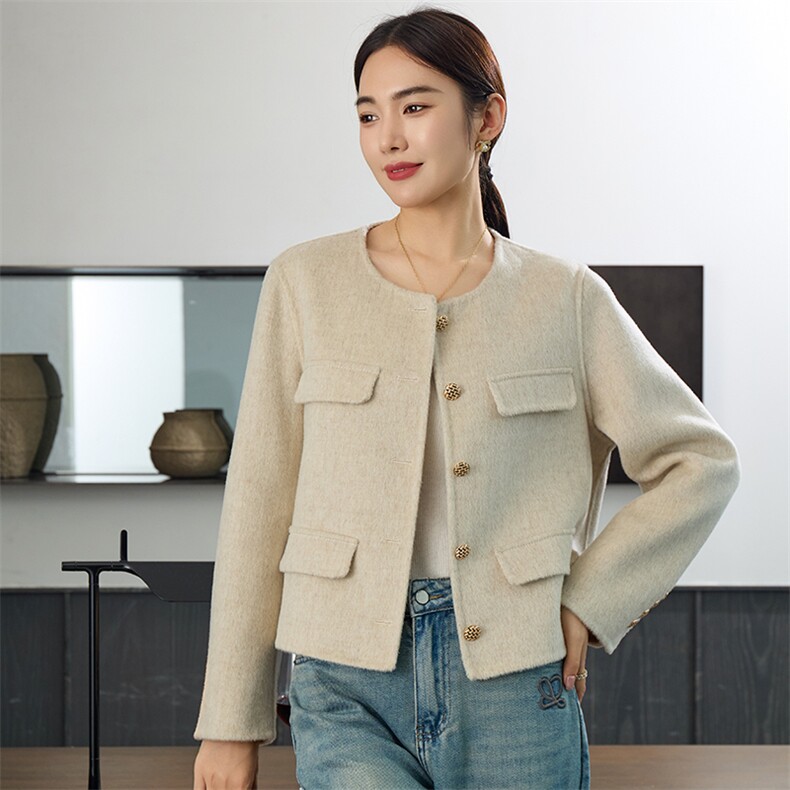 时尚百搭女士羊毛双面呢外套优雅显瘦短款设计秋冬必备单品，女装双面呢大衣，岳达羊绒