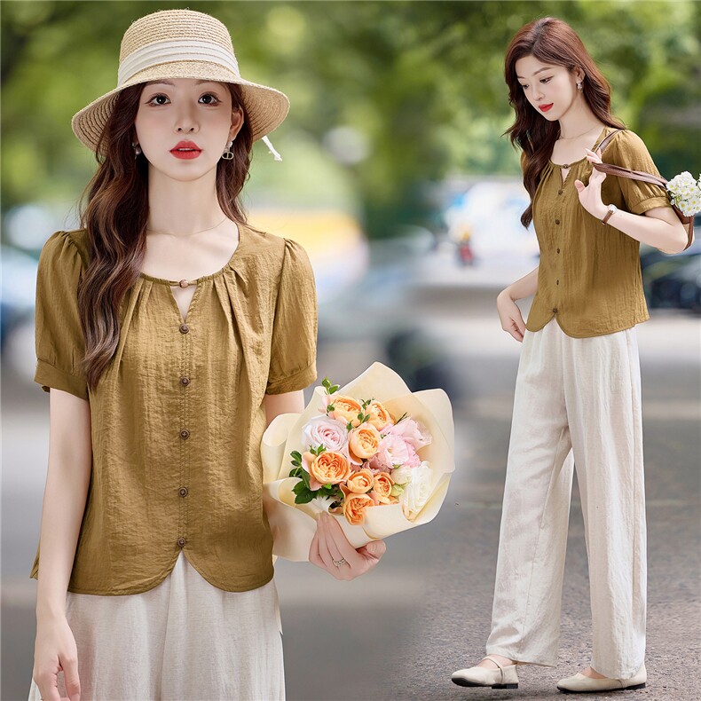 老钱风休闲气质套装女2025夏季新款洋气减龄短袖小衫阔腿裤两件套，女装套装/套裙，依万里