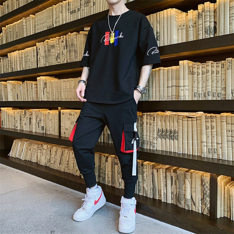 新款夏季短袖宽松T恤套装男装时尚休闲两件套体恤上衣F174P75图片