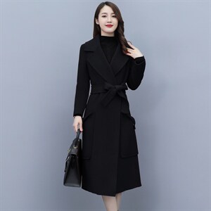 时尚简约大方系带欧版全羊毛长款大口袋双面羊绒大衣,女装毛呢外套,媚琳依坊
