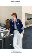 气质高级感短夹克深蓝色假两件衬衫领小香风外套女秋，女装短外套，浙宝238