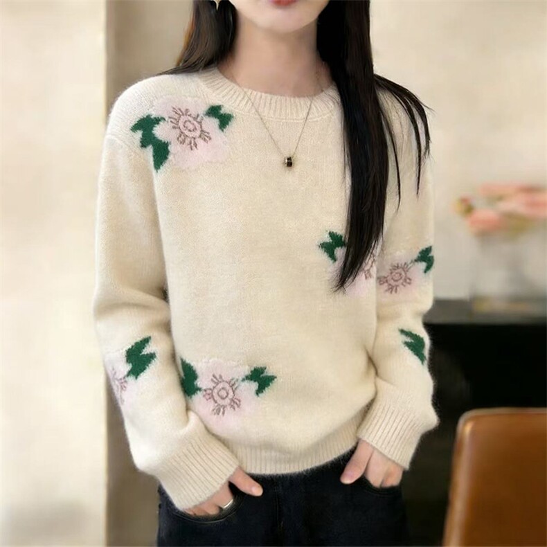 2026年秋季时尚百搭通勤简约休闲花朵圆领，女装针织衫/毛衣，暖姿羊绒