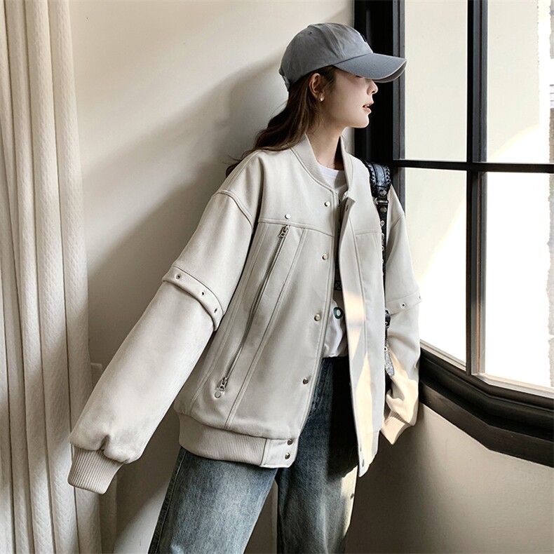 韩系宽松独特高级设计米灰色棒球服女春秋超火巨好看休闲夹克外套图片
