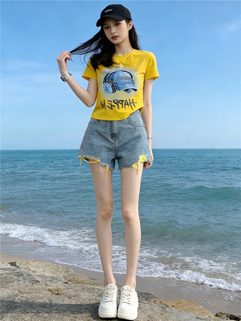 潮流休闲时尚运动套装女夏季新款圆领烫钻印花短袖牛仔短裤两件套,女装套装/套裙,江南