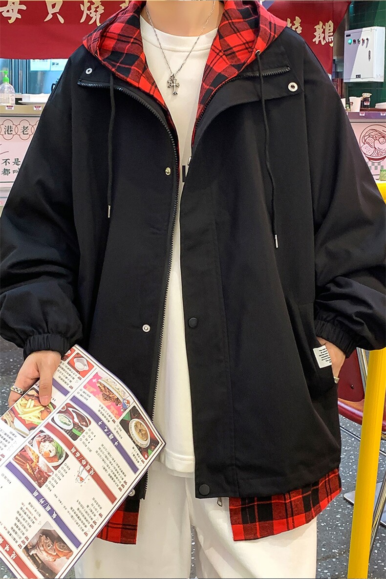 JK6006/P75秋装假两件格子撞色连帽夹克男潮宽松大码上衣外套男装,男装夹克,电商A141