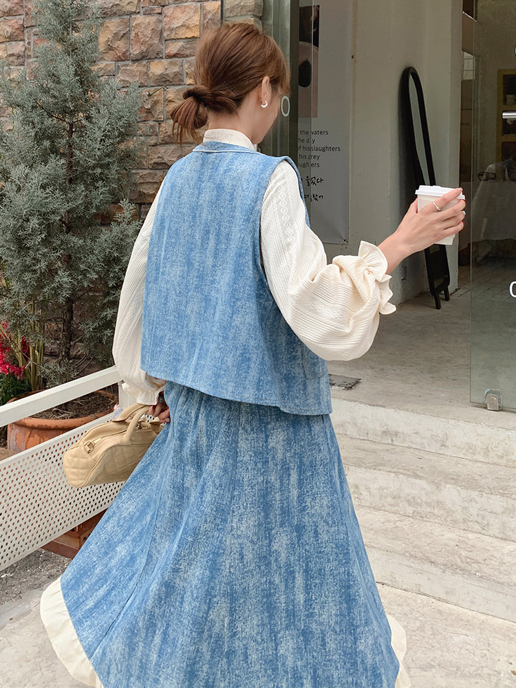 春天小清新开春穿搭牛仔套装裙女2025新款刺绣马甲半身裙三件套装,女装套装/套裙,浙宝305