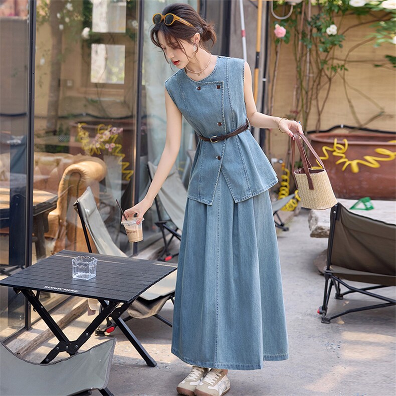 时尚牛仔套装裙女2025夏新款韩系显瘦气质无袖上衣半身裙两件套,女装套装/套裙,慕依路
