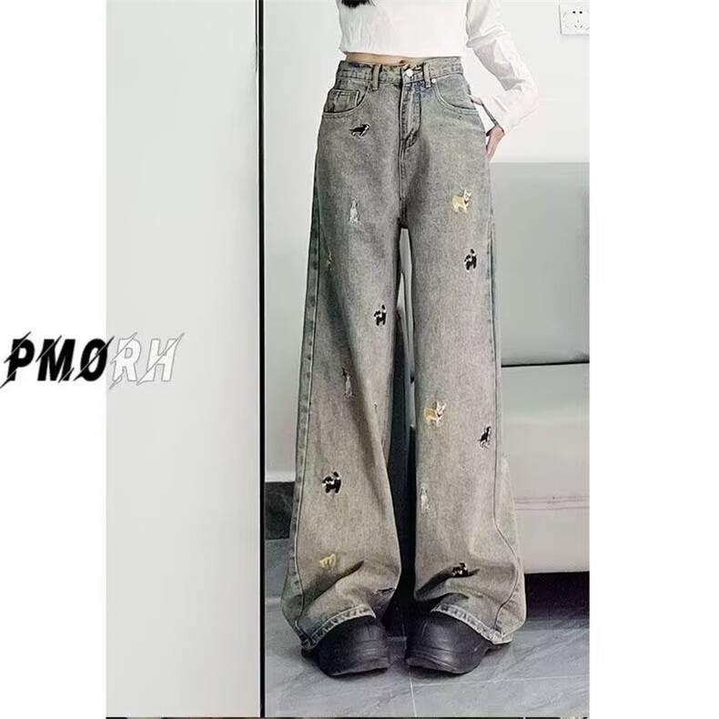 6626-P42美式复古趣味小狗刺绣牛仔裤女夏季新款高腰显瘦直筒,男装牛仔裤,电商B323A