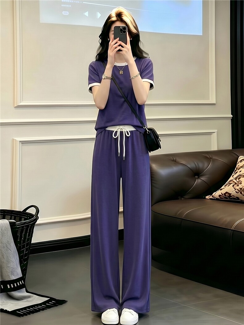盐系穿搭休闲时尚运动套装女夏款圆领拼接短袖上衣阔腿长裤两件套,女装套装/套裙,江南