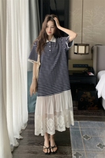现货设计感韩系条纹拼接蕾丝花边连衣裙M28P125K178，女装连衣裙，2C236