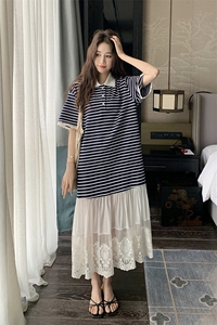 现货 设计感韩系条纹拼接蕾丝花边连衣裙 M28 P125 K178图片