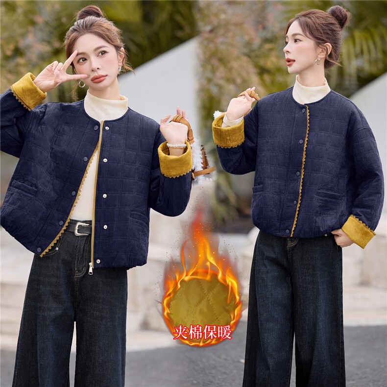 休闲短款夹棉外套2025冬新款减龄洋气圆领棉衣棉服女，女装棉衣/棉服，余墨
