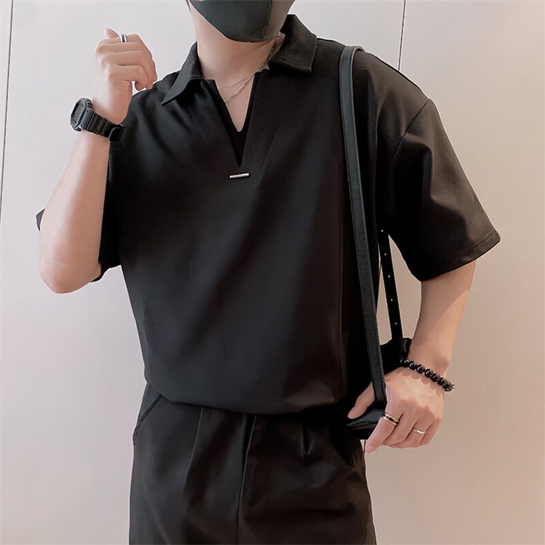 S89/P58控78夏季小伙轻奢假两件双V短袖Polo衫男装痞帅T恤黑色首2,男装T恤,星座305B