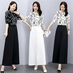 套装女2023年夏装新款女装时尚休闲气质印花上衣阔腿裤套装两件套图片