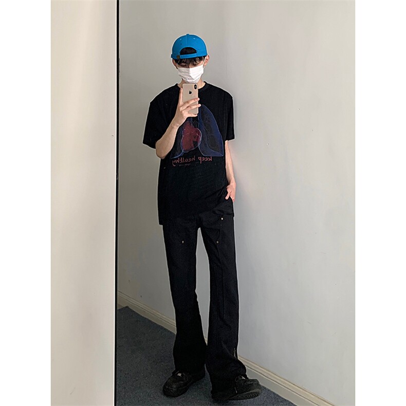 侧边拉链牛仔裤男款春秋季设计感潮牌铆钉伐木工装裤休闲大码裤子,男装牛仔裤,电商B221