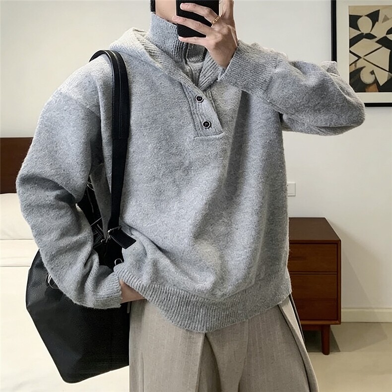 1506/QMY070/P75美式慵懒风高领假两件连帽针织衫毛衣情侣潮图片