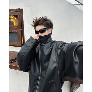 美式复古翻领皮衣外套男设计感拉链pu皮机车服夹克潮JK08568-P73图片