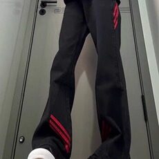 美式复古条纹阔腿长裤男女秋冬潮牌休闲宽松高街牛仔裤加绒直筒裤，男装牛仔裤，星座1210-1