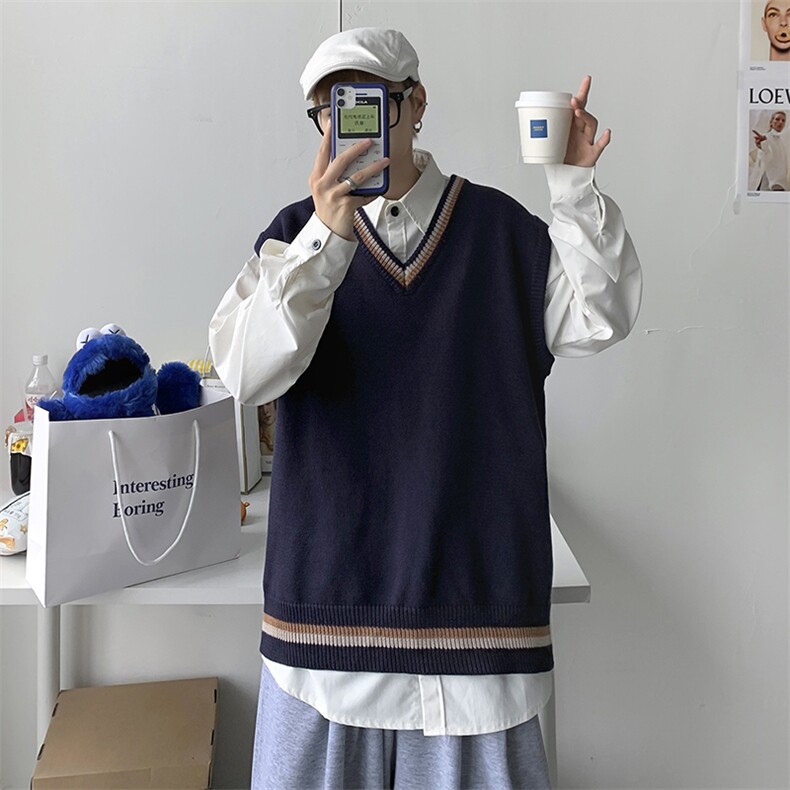 秋冬港风潮牌学院风痞帅韩版潮无袖针织衫DK毛衣背心中性W09/P55,男装针织衫/毛衣,钱塘713