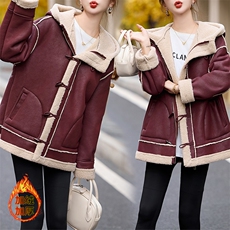 连帽羊羔毛外套女冬2024新款时尚休闲加绒加厚皮毛一体中长款棉服，女装羊羔毛/颗粒绒，美拉德工厂直营店