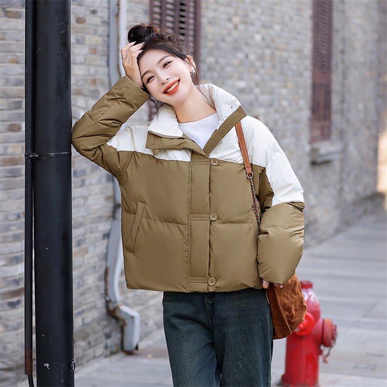 时尚撞色羽绒服女2025冬季新款宽松短款立领白鸭绒加厚面包服外套,女装羽绒服,姿衣坊
