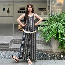 韩系蕾丝拼接流苏上衣条纹阔腿裤套装女2025夏新款甜美温柔两件套，女装套装/套裙，2D034