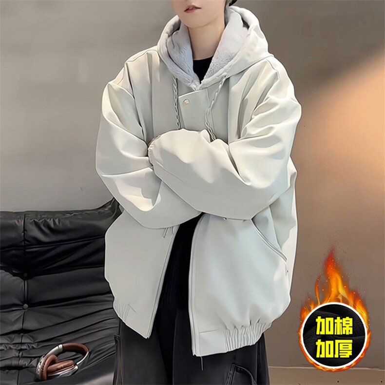 现货高品质美式高街重磅座山雕连帽pu皮棉衣男女加厚毛毛绒冬外套,男装皮衣,电商A486