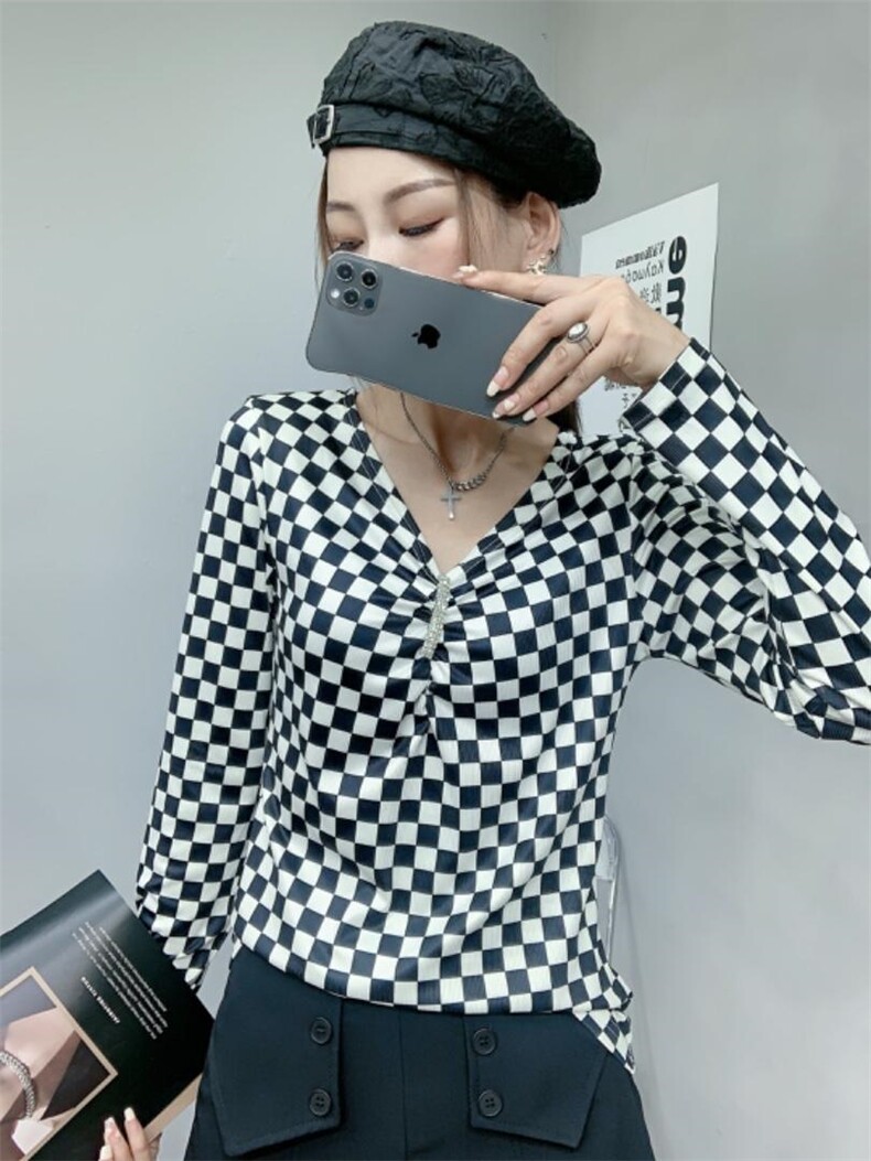 棋盘格V领打底，其它，帝瀛 DY