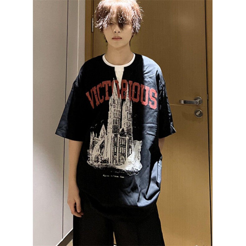 夏季美式复古领口假两件设计感短袖t恤男潮情侣上衣 TT10图片