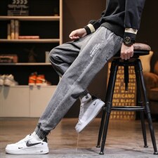 夏季潮流男休闲裤字母印花腰部抽绳收脚时尚百搭牛仔裤K805-P45，男装休闲裤，电商A128