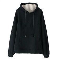 长期现货，冬季新款时尚休闲简约纯色螺纹直筒长袖加绒连帽卫衣，女装卫衣/绒衫，涵誉