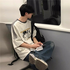 夏季美式高街重磅纯棉三条杠织带撞色男女短袖T恤ZD371-特P30，男装T恤，电商A486