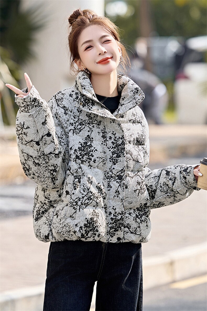 短款羽绒服女2025冬季新款小个子超好看新中式复古印花立领面包服,女装羽绒服,半夏