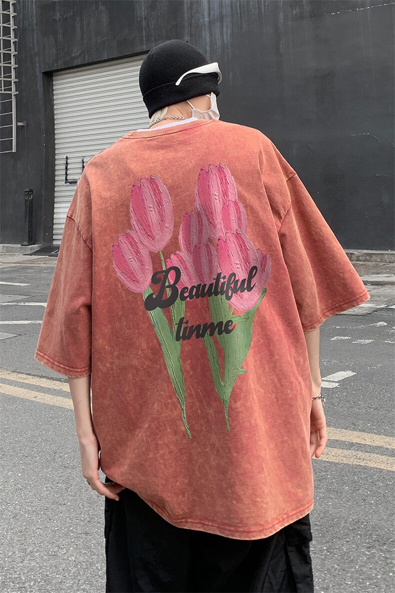 B239-1128-P38美式油画粉色郁金香复古水洗做旧落肩袖短袖T恤,男装T恤,星座514-2(原B239)