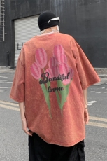 B239-1128-P38美式油画粉色郁金香复古水洗做旧落肩袖短袖T恤，男装T恤，星座514-2(原B239)