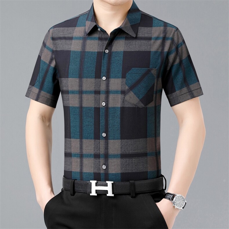 短袖衬衫男格子翻领上衣服夏季中老年男士休闲宽松衬衣爸爸夏装,男装衬衫,电商B212（原钱塘6029）
