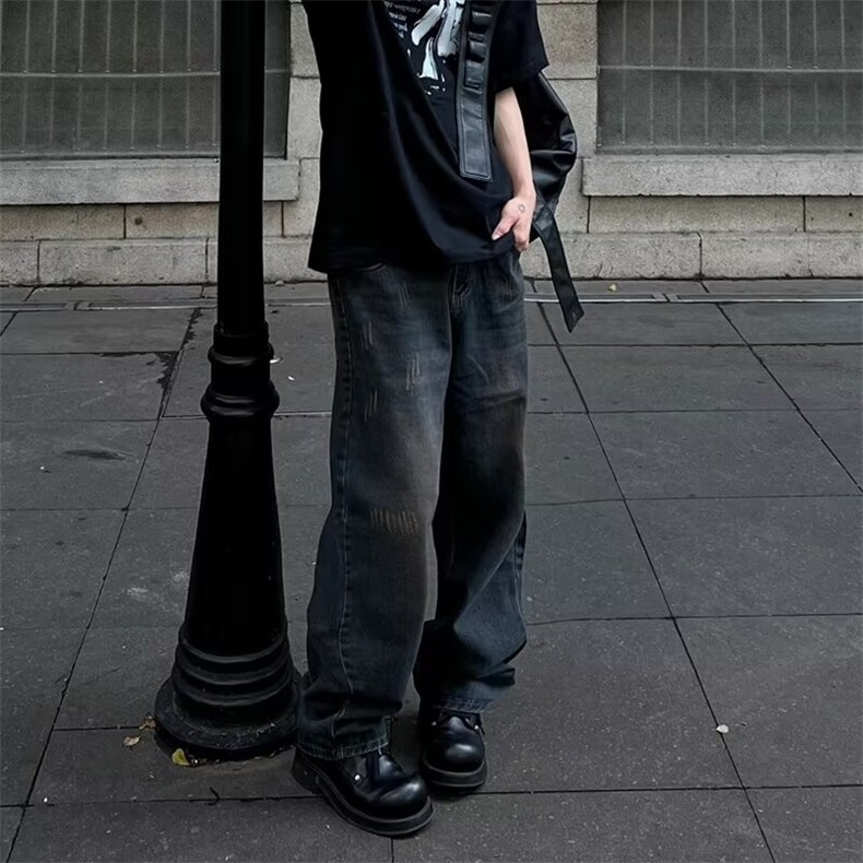 夏款男牛仔裤微喇叭猫须小破洞直筒宽松长裤NK778P55,男装牛仔裤,星座1013-1