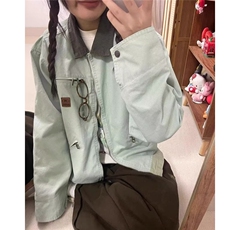 美式复古撞色拼接翻领外套女春秋宽松学院风气质百搭工装夹克上衣，男装夹克，星座506A