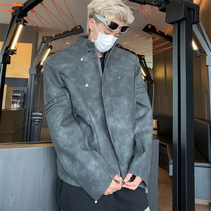 美式春秋做旧皮夹克男士街头机车风垫肩外套立体廓形潮牌上衣图片