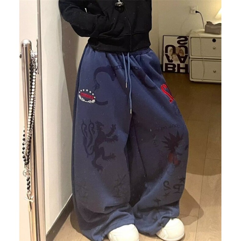 蓝色卡通阔腿裤女2025秋冬季复古显瘦直筒裤子休闲裤子KW18，男装休闲裤，星座1116A（原606A-3）