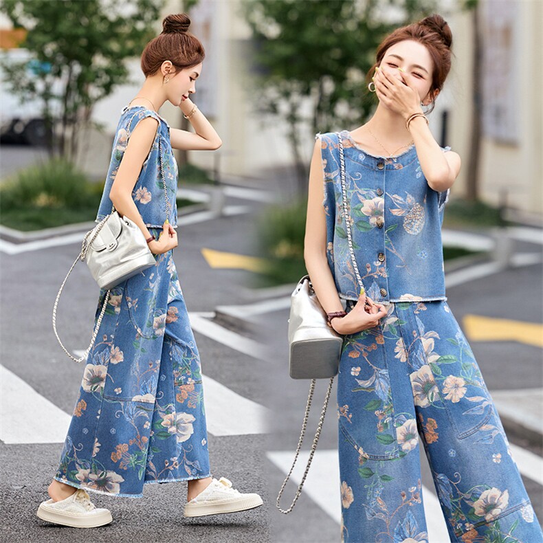 夏天无袖印花牛仔套装女2025超火夏装一整套时尚减龄九分裤两件套,女装套装/套裙,关键词