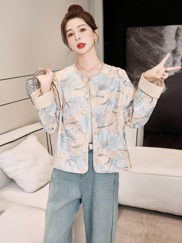 蓝色国风新中式刺绣圆领外套女装2025新款早春气质百搭显瘦上衣,女装短外套,天丝秀